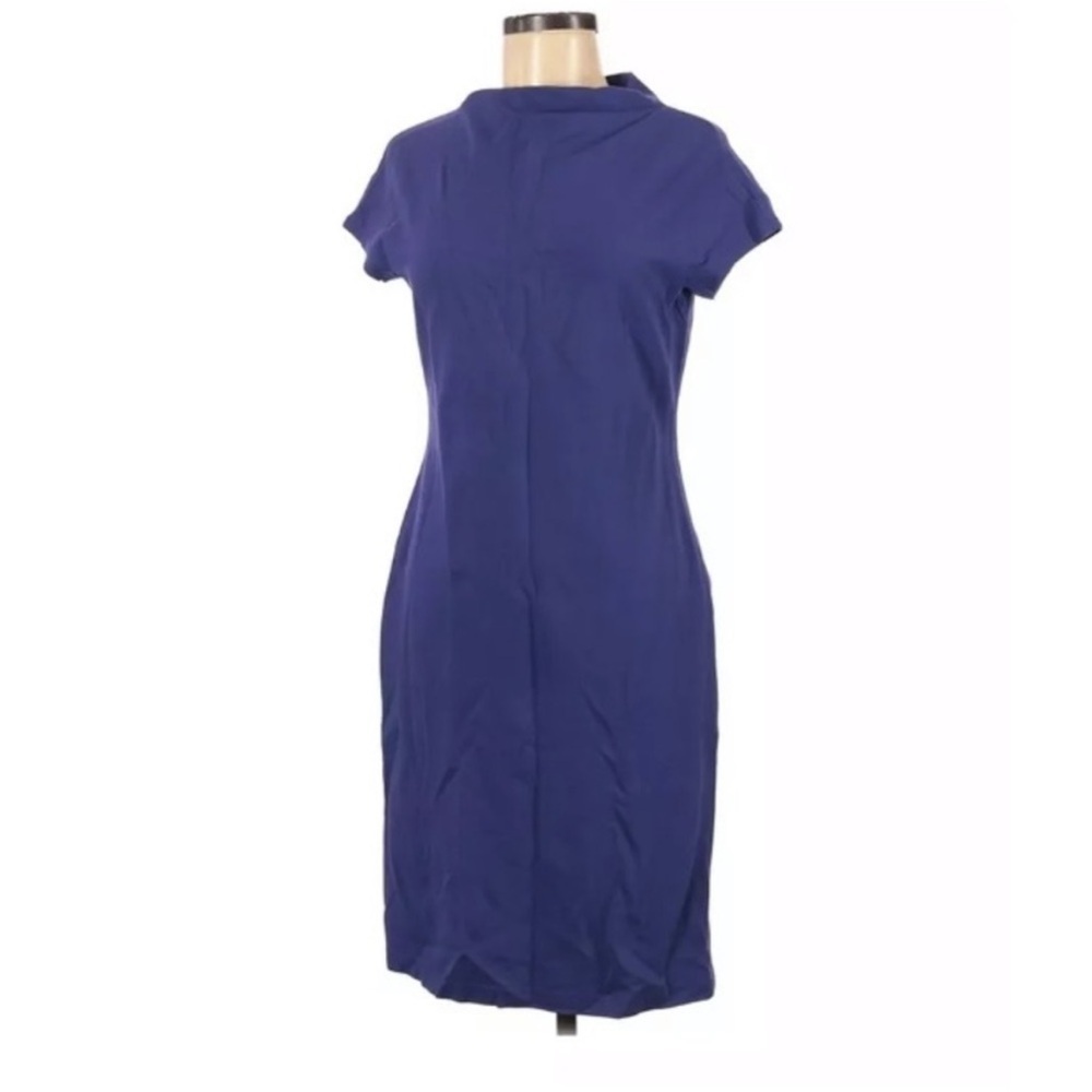 Lafayette 148 Size 8 Short Sleeve High Neck Purple Work Attire Dress Knee Length